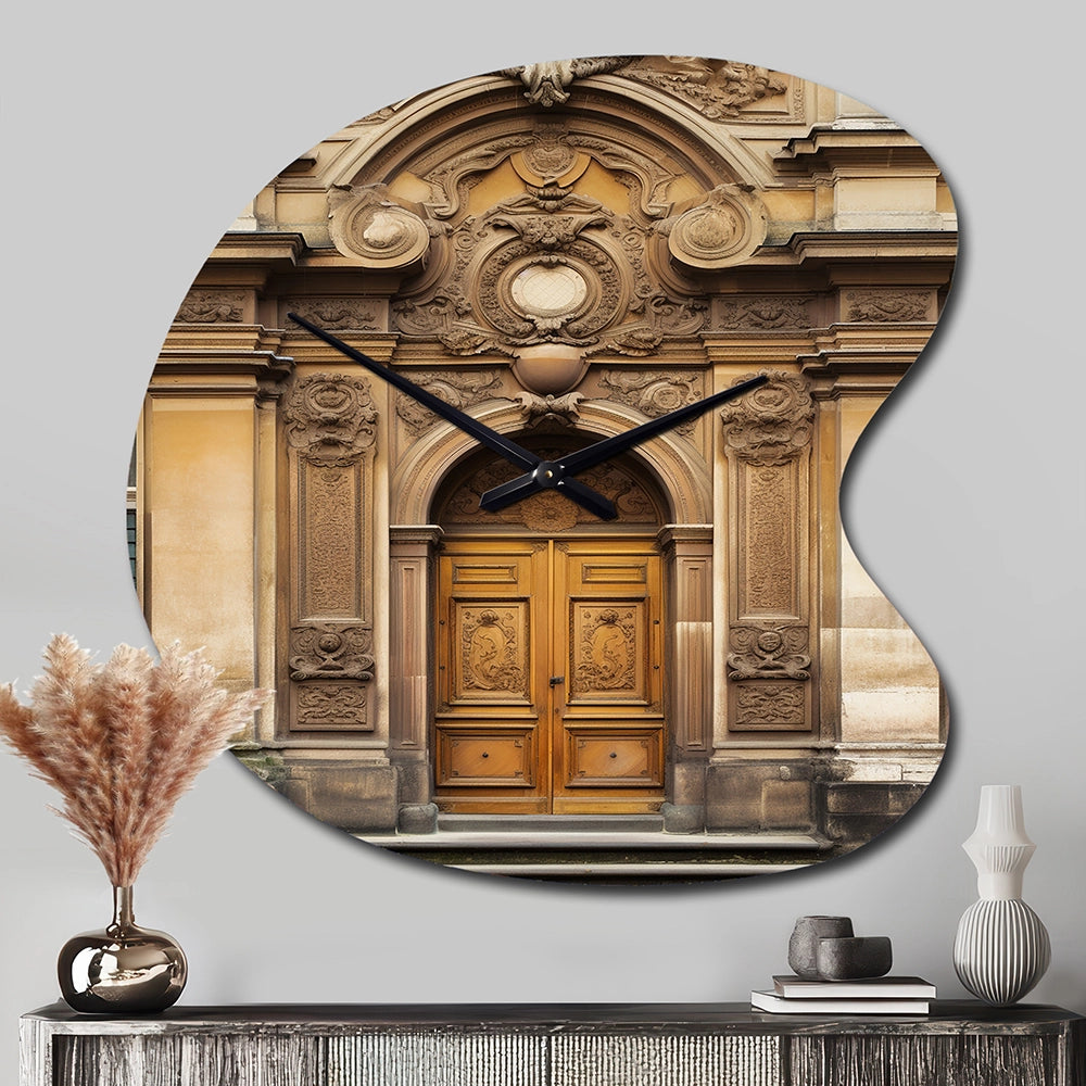 Old Wooden Door With Carvings in Paris, France V - Asymmetric Metal Wall Clock