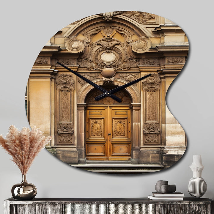 Old Wooden Door With Carvings in Paris, France V - Asymmetric Metal Wall Clock