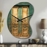 Old Wooden Door With Carvings in Paris, France VI - Asymmetric Metal Wall Clock