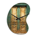 Old Wooden Door With Carvings in Paris, France VI - Asymmetric Metal Wall Clock