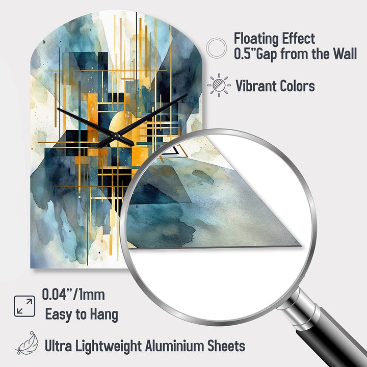 Gold Blue Abstracted Realities - Asymmetric Metal Wall Clock