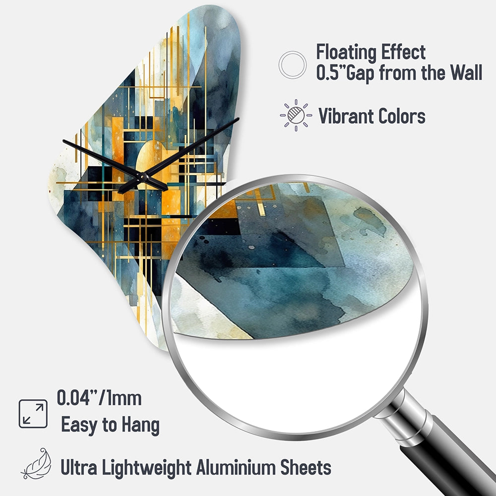 Gold Blue Abstracted Realities - Asymmetric Metal Wall Clock