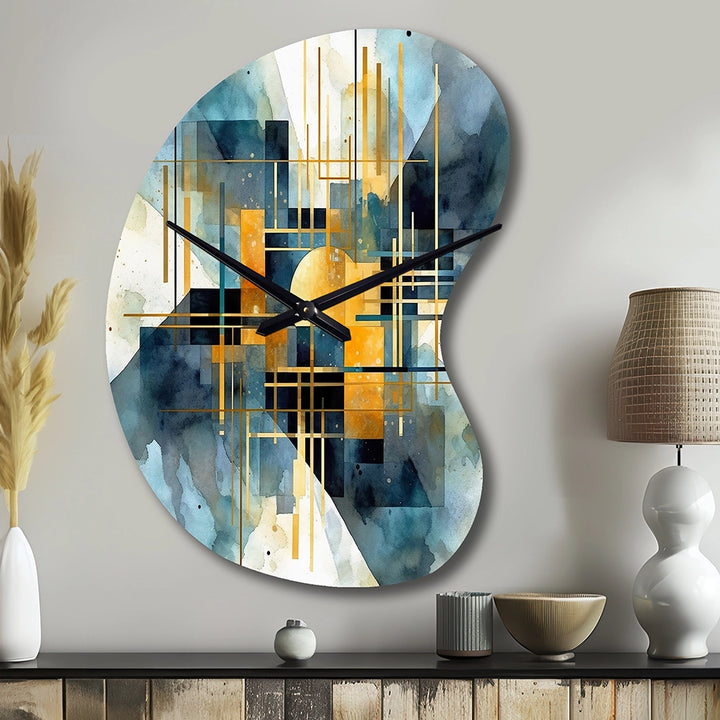 Gold Blue Abstracted Realities - Asymmetric Metal Wall Clock