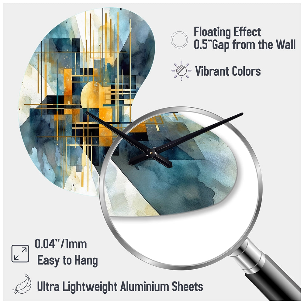 Gold Blue Abstracted Realities - Asymmetric Metal Wall Clock