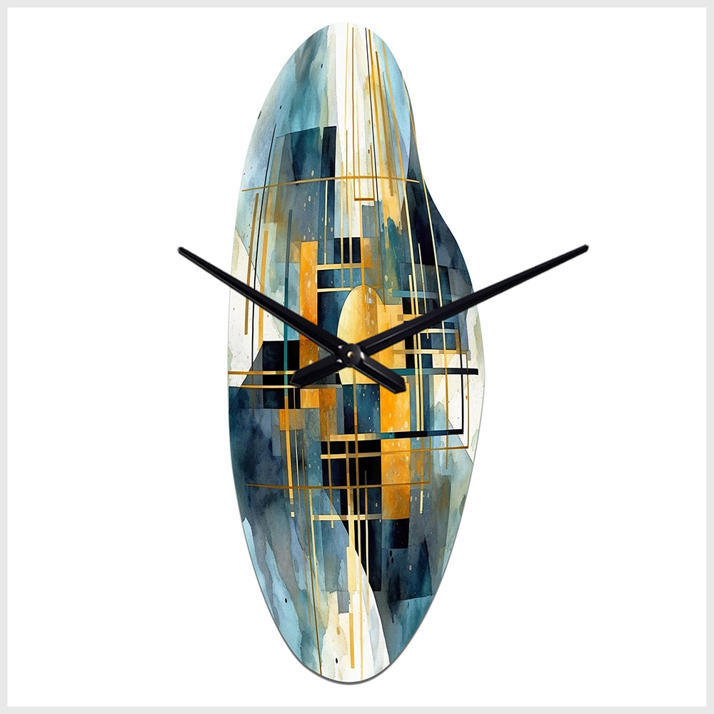 Gold Blue Abstracted Realities - Asymmetric Metal Wall Clock