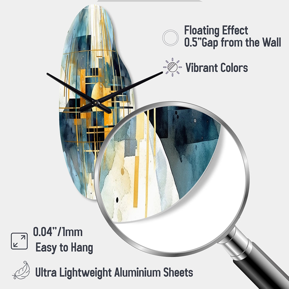 Gold Blue Abstracted Realities - Asymmetric Metal Wall Clock