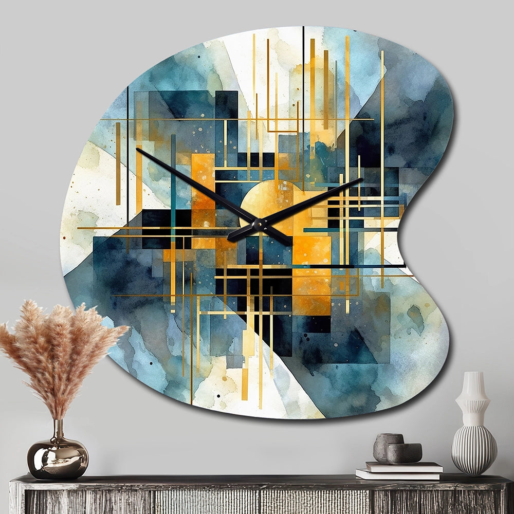Gold Blue Abstracted Realities - Asymmetric Metal Wall Clock