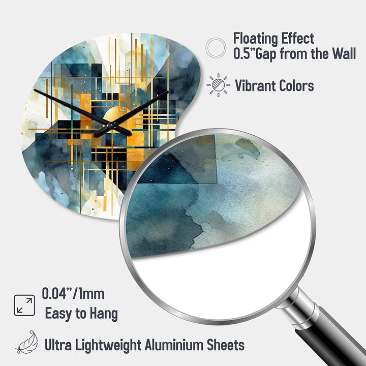 Gold Blue Abstracted Realities - Asymmetric Metal Wall Clock