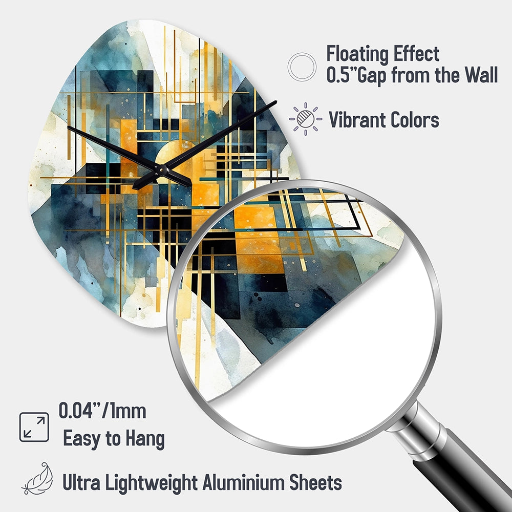 Gold Blue Abstracted Realities - Asymmetric Metal Wall Clock
