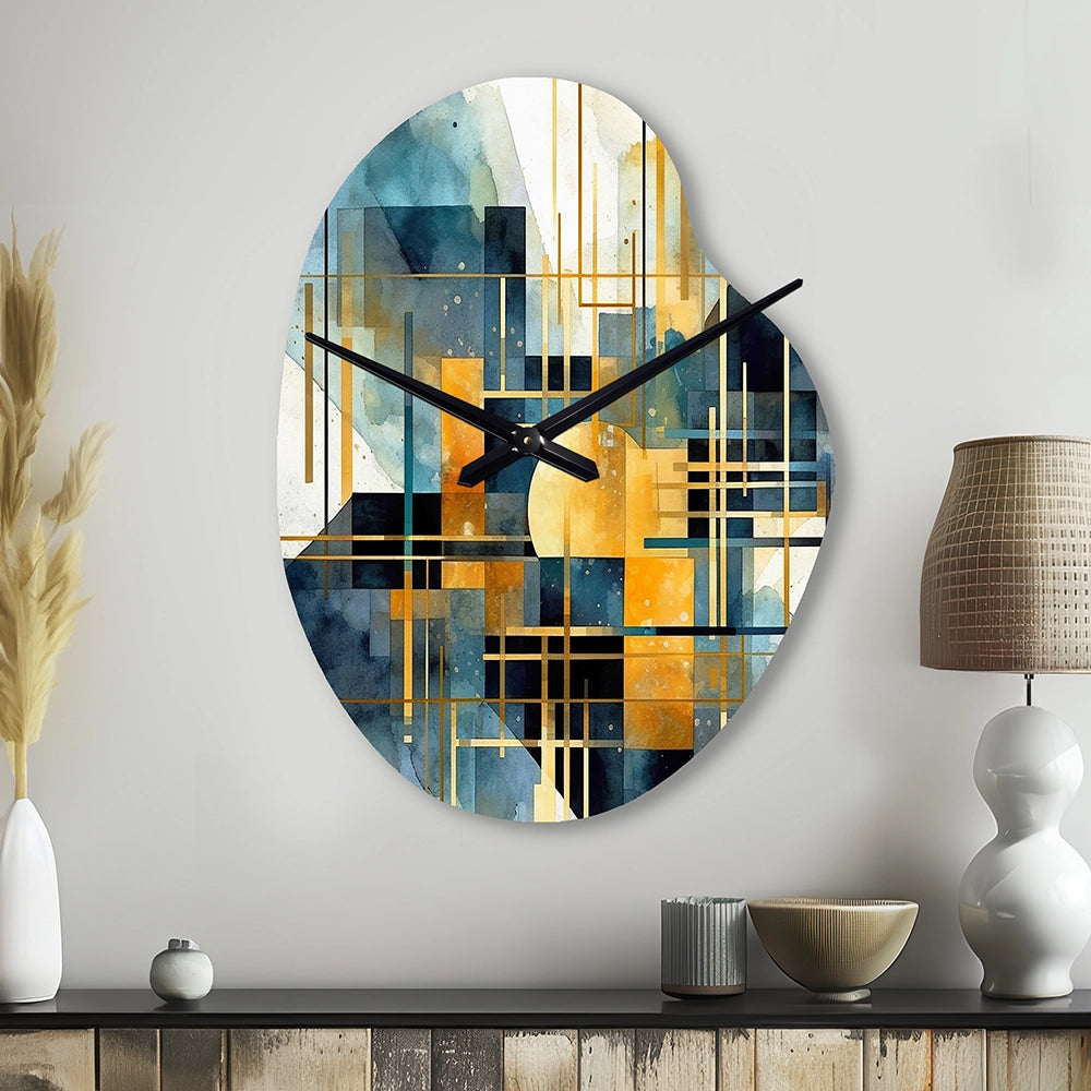 Gold Blue Abstracted Realities - Asymmetric Metal Wall Clock