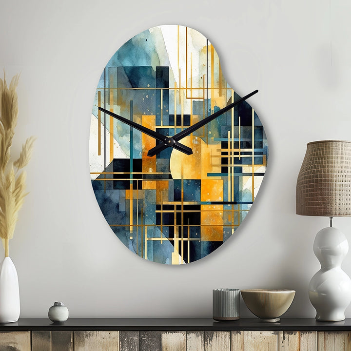 Gold Blue Abstracted Realities - Asymmetric Metal Wall Clock