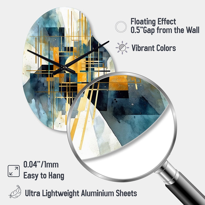 Gold Blue Abstracted Realities - Asymmetric Metal Wall Clock