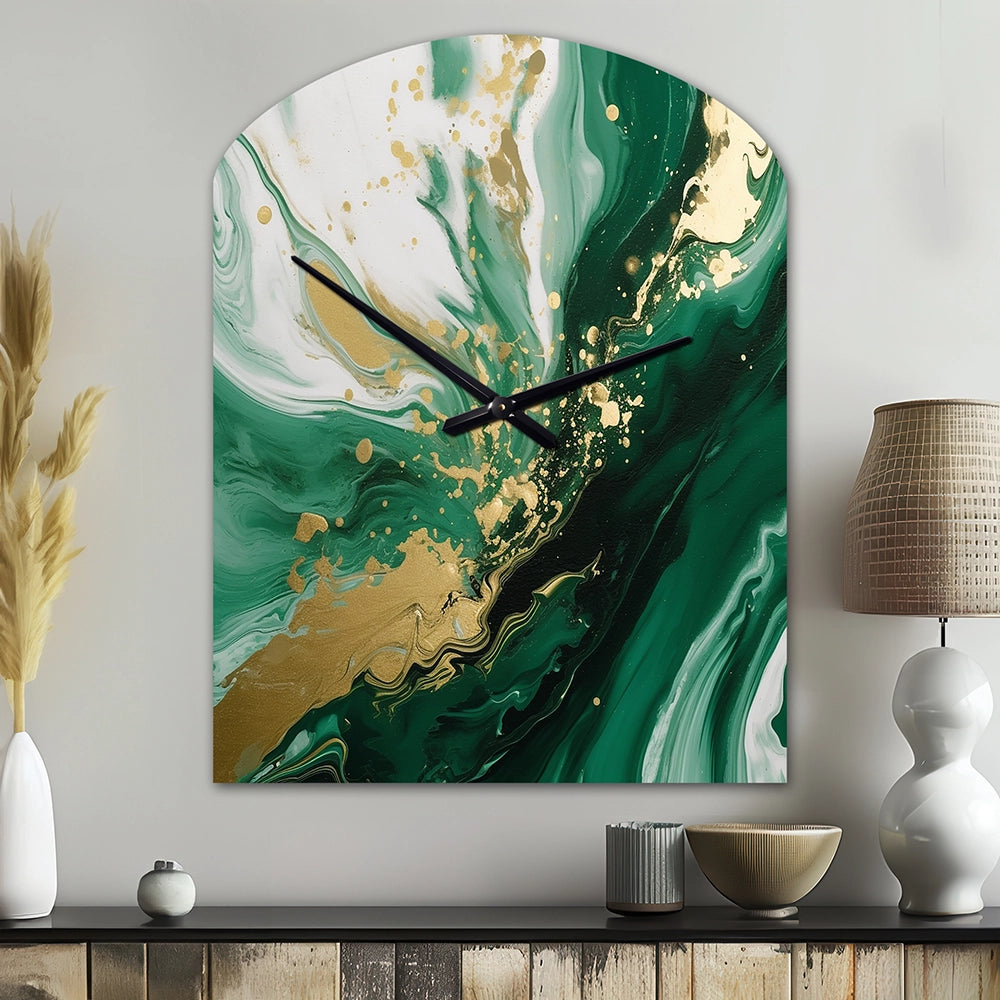 Green and Gold Serene Cascade III - Asymmetric Metal Wall Clock