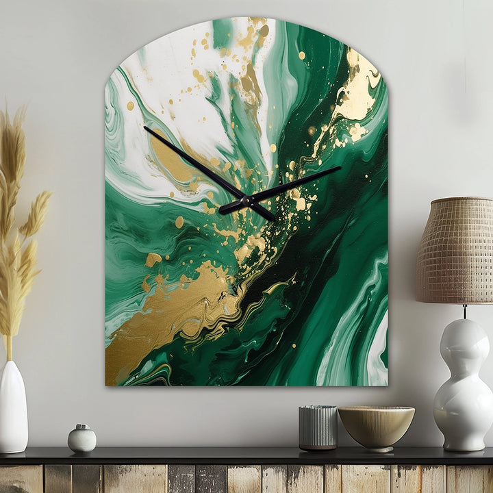 Green and Gold Serene Cascade III - Asymmetric Metal Wall Clock