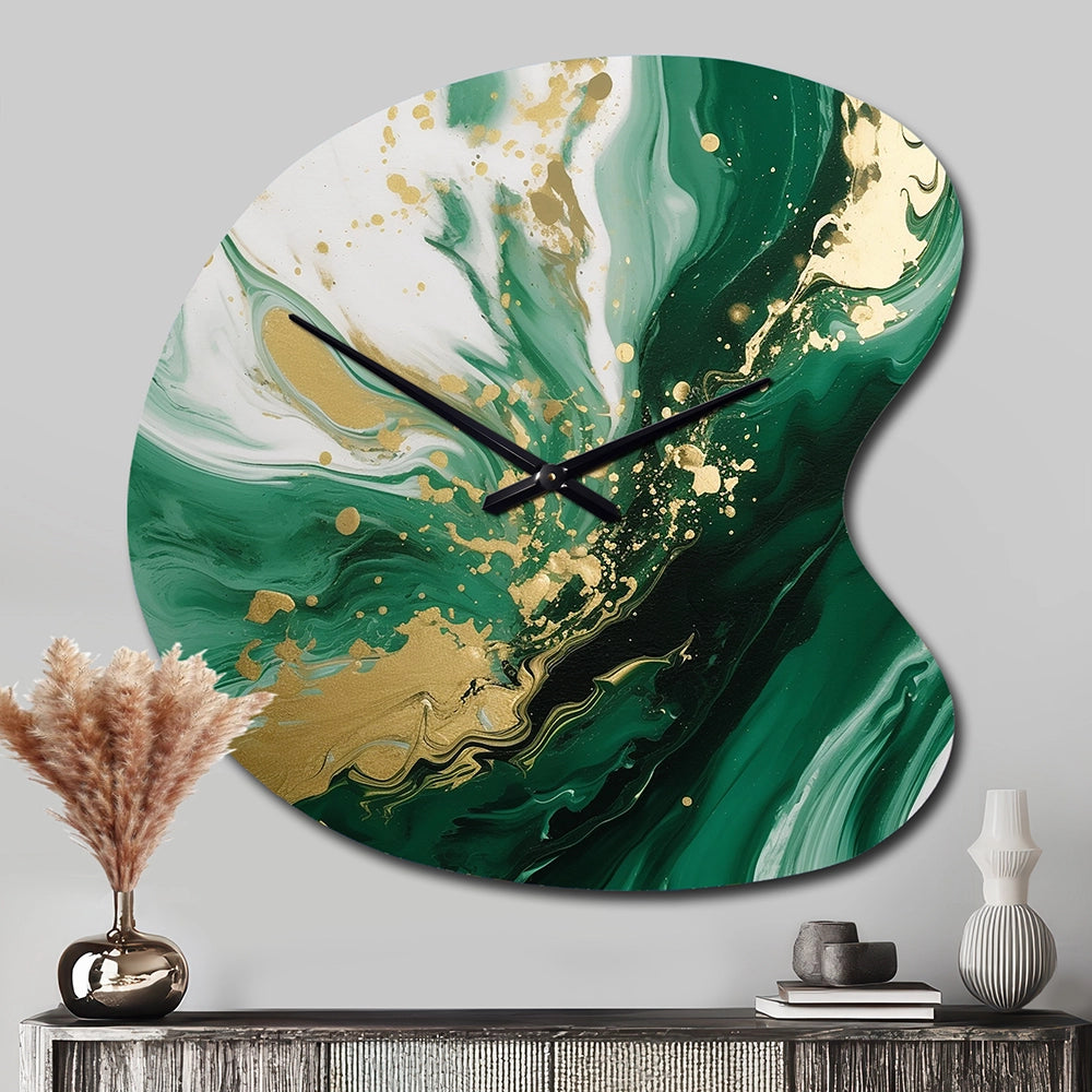 Green and Gold Serene Cascade III - Asymmetric Metal Wall Clock