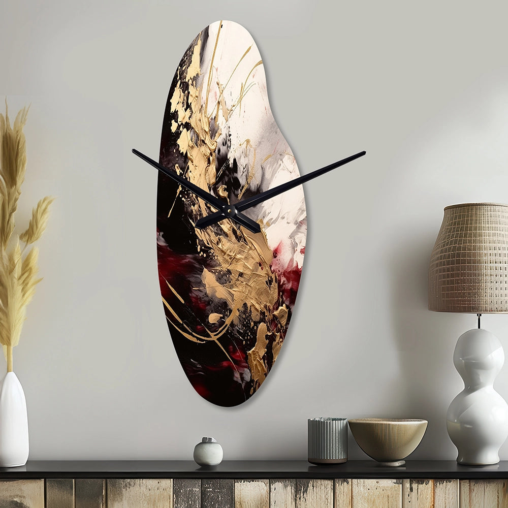 Gold and Red Fluid Fusion I - Asymmetric Metal Wall Clock