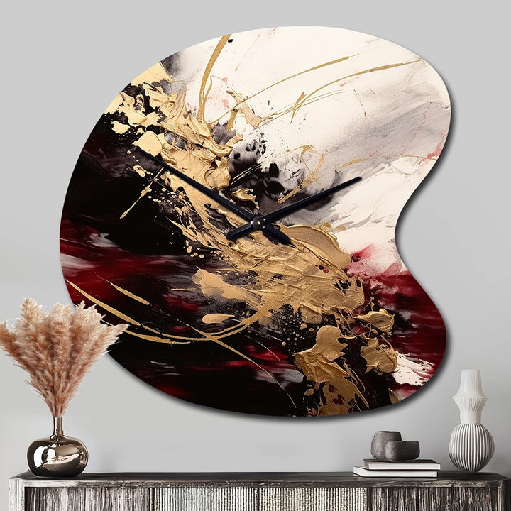 Gold and Red Fluid Fusion I - Asymmetric Metal Wall Clock