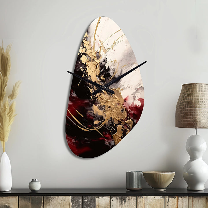Gold and Red Fluid Fusion I - Asymmetric Metal Wall Clock