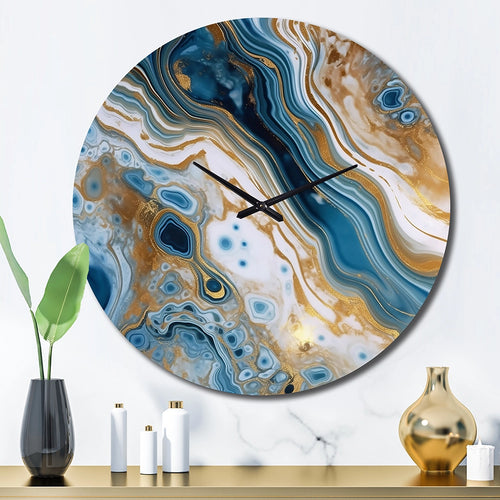 Blue and White Marble Dreams - Abstract Metal Wall Clock