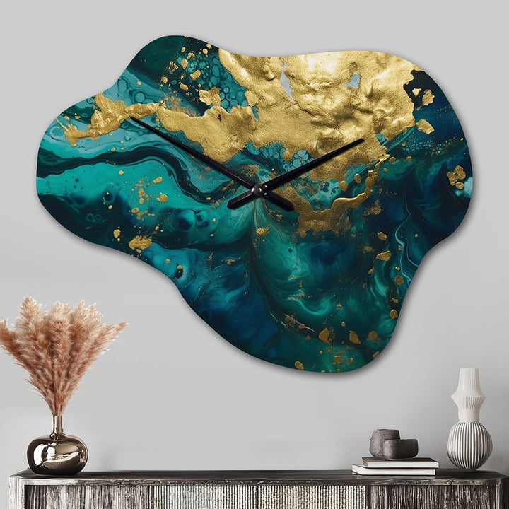 Teal and Gold Liquid Magic I - Asymmetric Metal Wall Clock