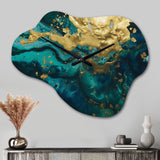 Teal and Gold Liquid Magic I - Asymmetric Metal Wall Clock