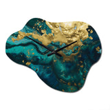 Teal and Gold Liquid Magic I - Asymmetric Metal Wall Clock