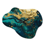 Teal and Gold Liquid Magic I - Asymmetric Metal Wall Clock