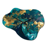 Teal and Gold Liquid Magic II - Asymmetric Metal Wall Clock