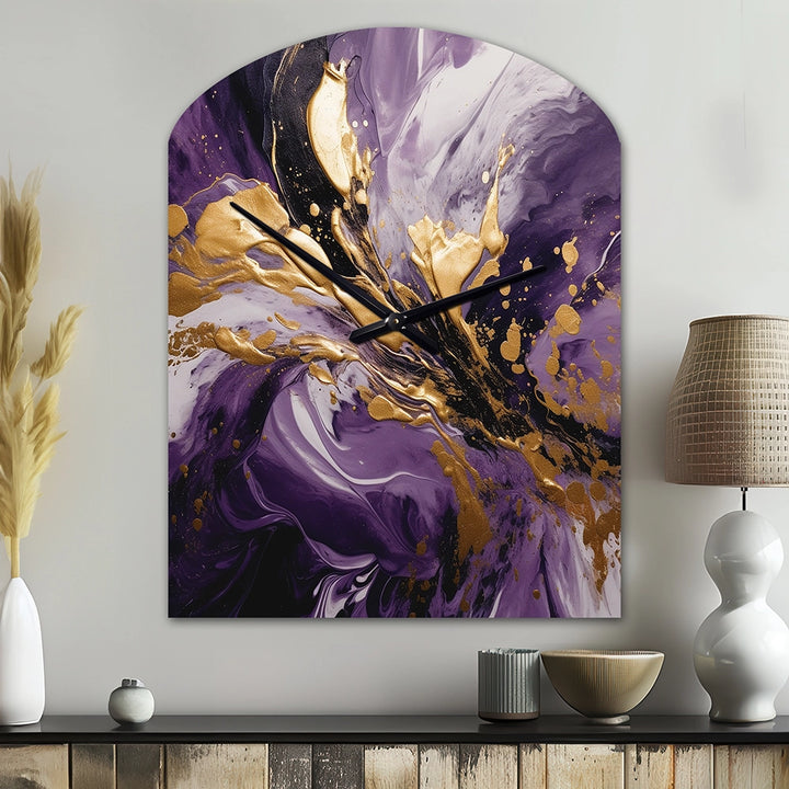 Purple and Gold Liquid Magic II - Asymmetric Metal Wall Clock