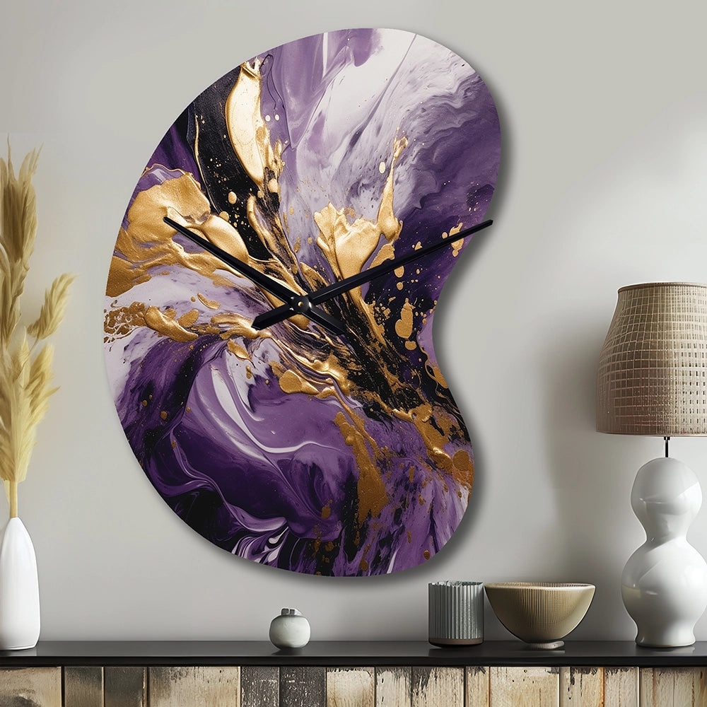 Purple and Gold Liquid Magic II - Asymmetric Metal Wall Clock