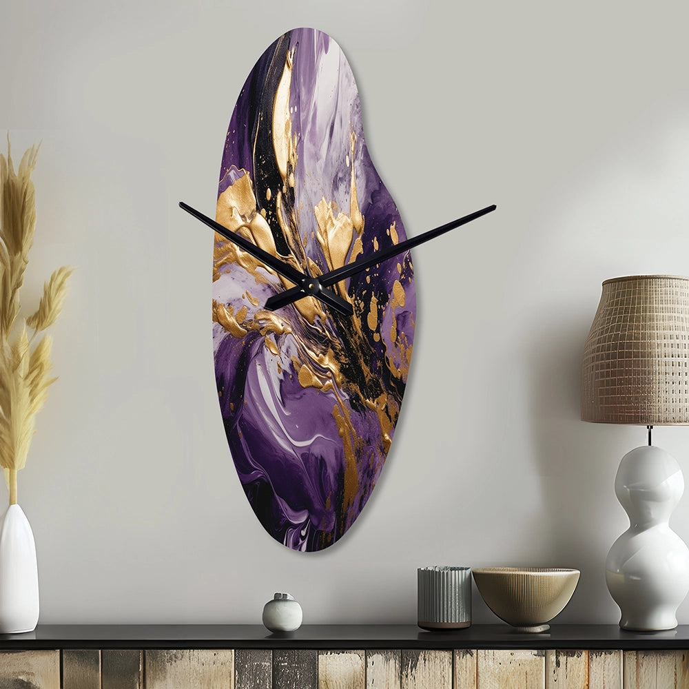 Purple and Gold Liquid Magic II - Asymmetric Metal Wall Clock