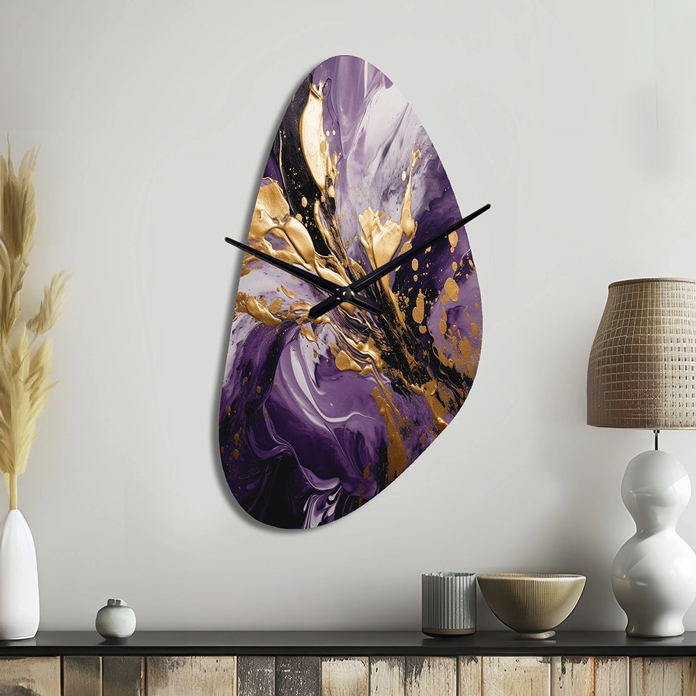 Purple and Gold Liquid Magic II - Asymmetric Metal Wall Clock
