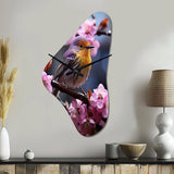 Yellow Bird On Blossom Cherry III - Asymmetric Metal Wall Clock