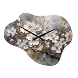 White Grey Cherry Blossum Harmony I - Asymmetric Metal Wall Clock