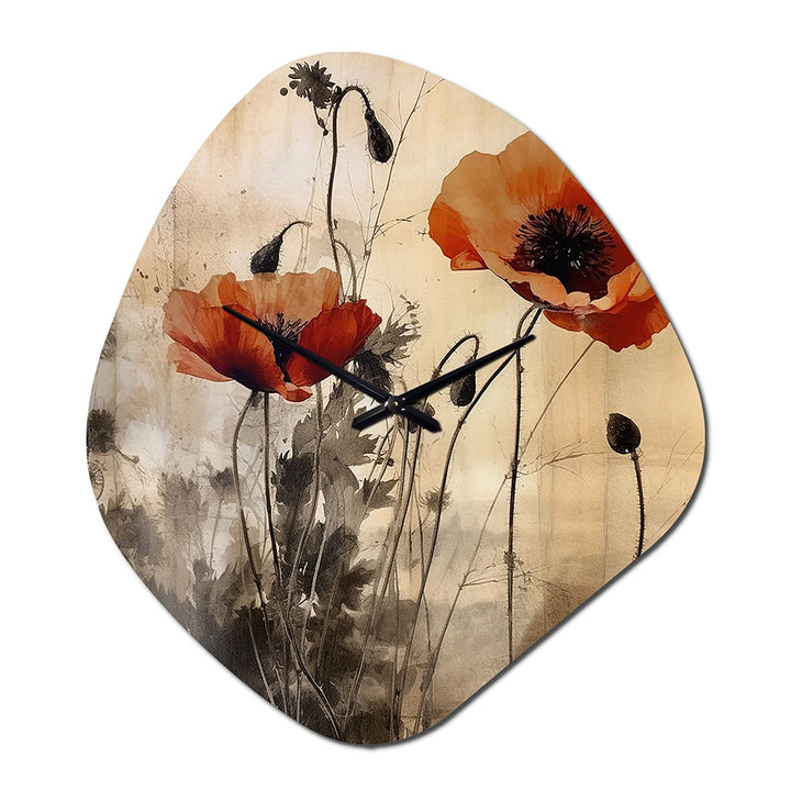 Vintage Beige Poppies II - Asymmetric Metal Wall Clock