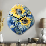 Yellow Blue Sunflower Golden - Asymmetric Metal Wall Clock