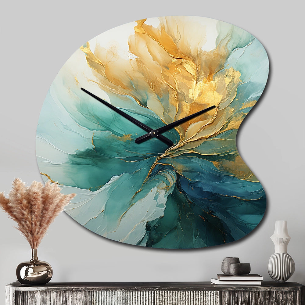 Gold And Teal Aurora Harmony - Asymmetric Metal Wall Clock