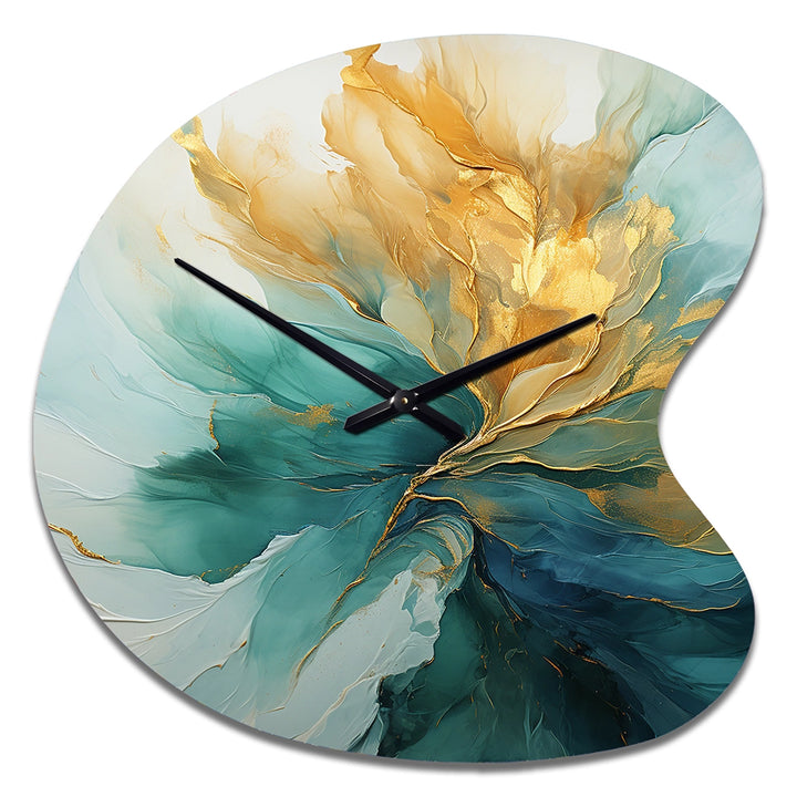 Gold And Teal Aurora Harmony - Asymmetric Metal Wall Clock