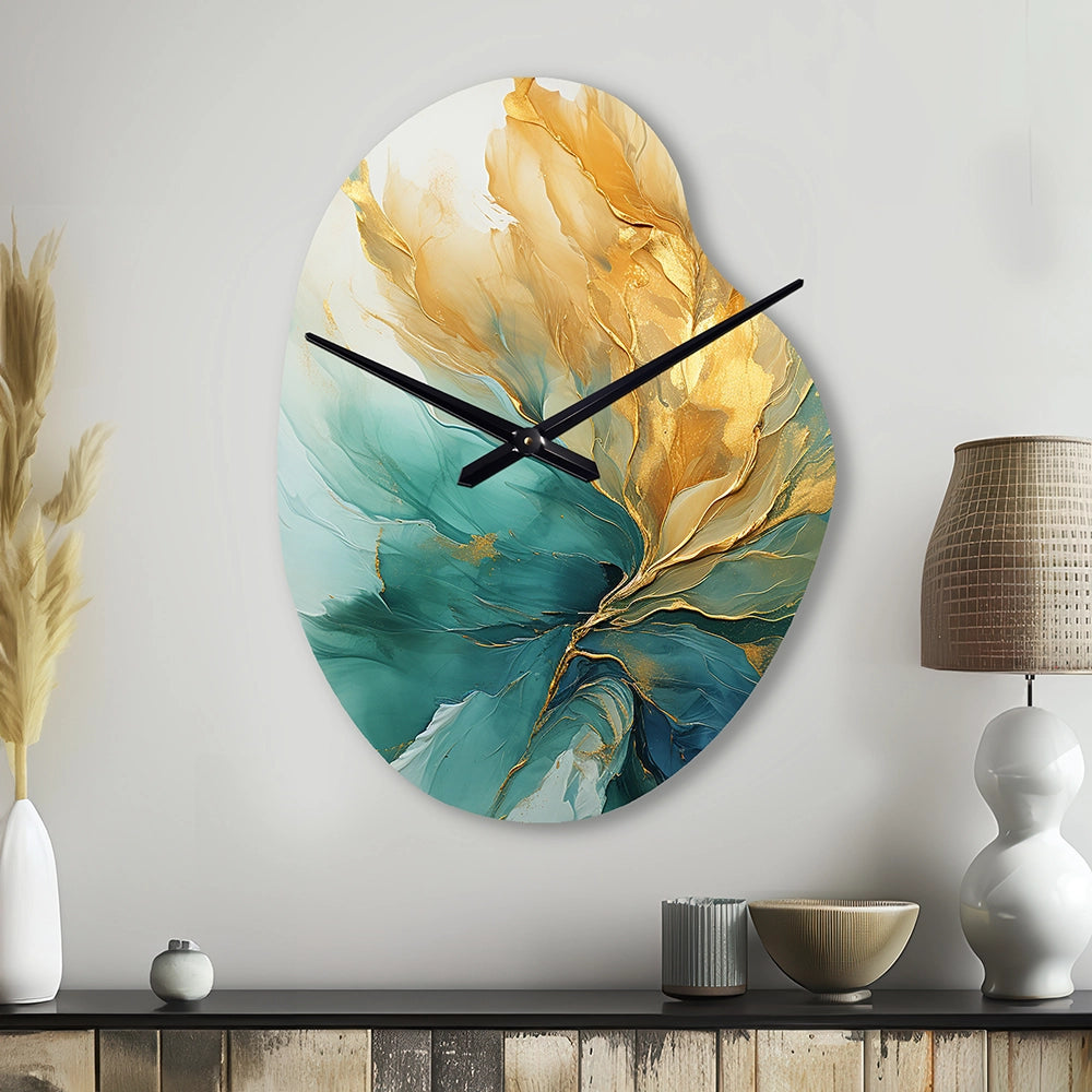 Gold And Teal Aurora Harmony - Asymmetric Metal Wall Clock
