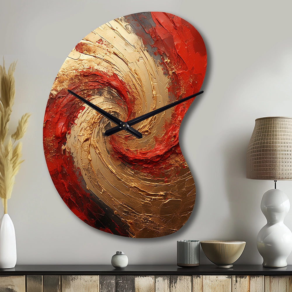 Red Gold Fusion Spiral - Asymmetric Metal Wall Clock