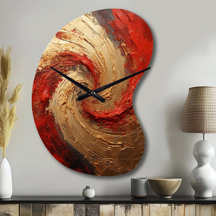 Red Gold Fusion Spiral - Asymmetric Metal Wall Clock