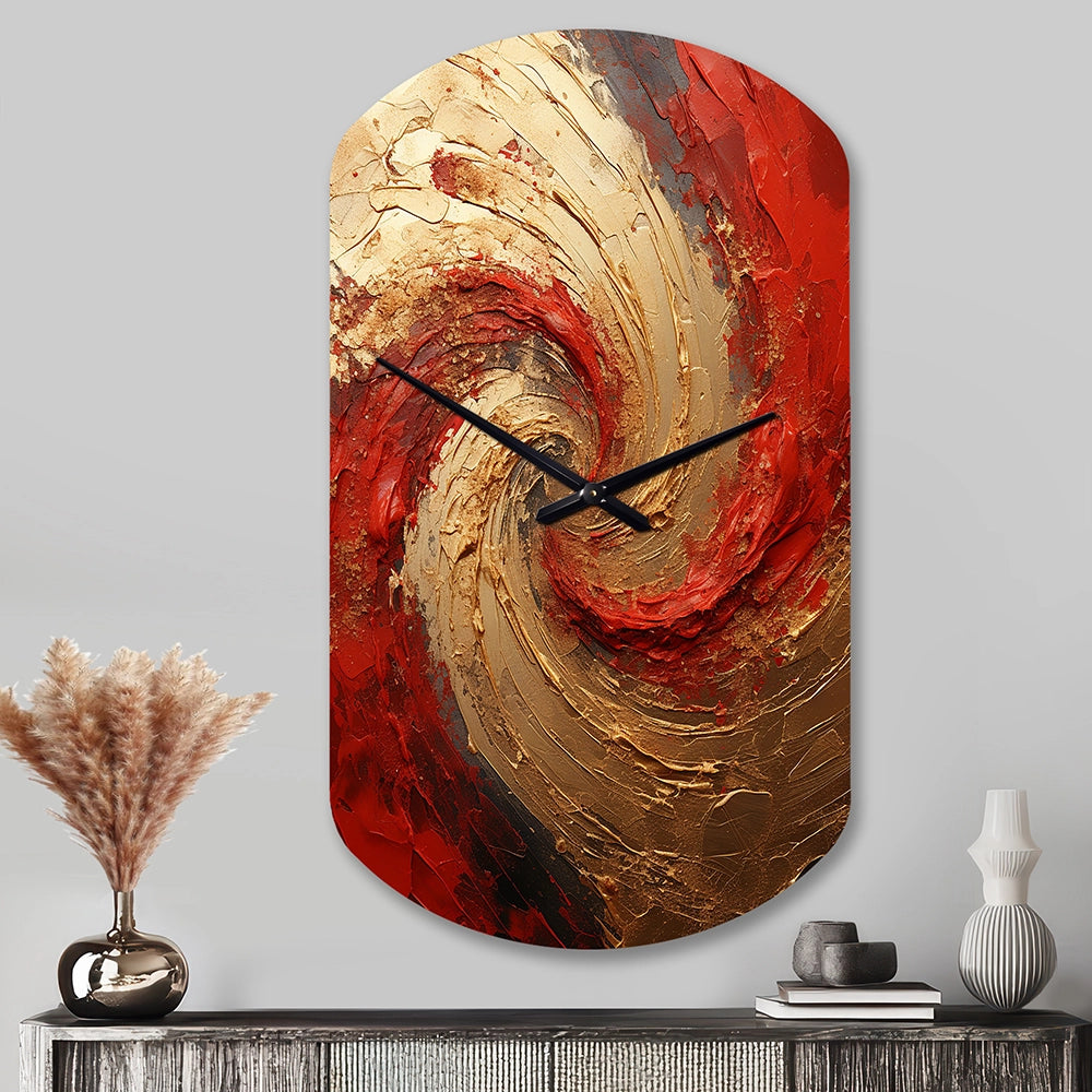 Red Gold Fusion Spiral - Asymmetric Metal Wall Clock