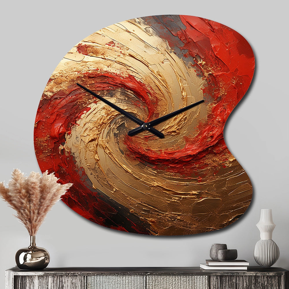Red Gold Fusion Spiral - Asymmetric Metal Wall Clock