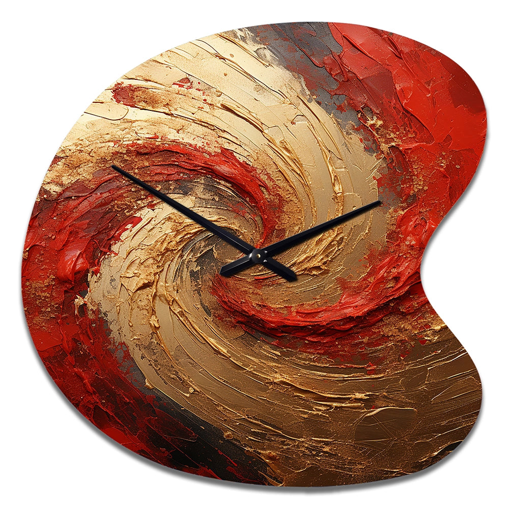 Red Gold Fusion Spiral - Asymmetric Metal Wall Clock