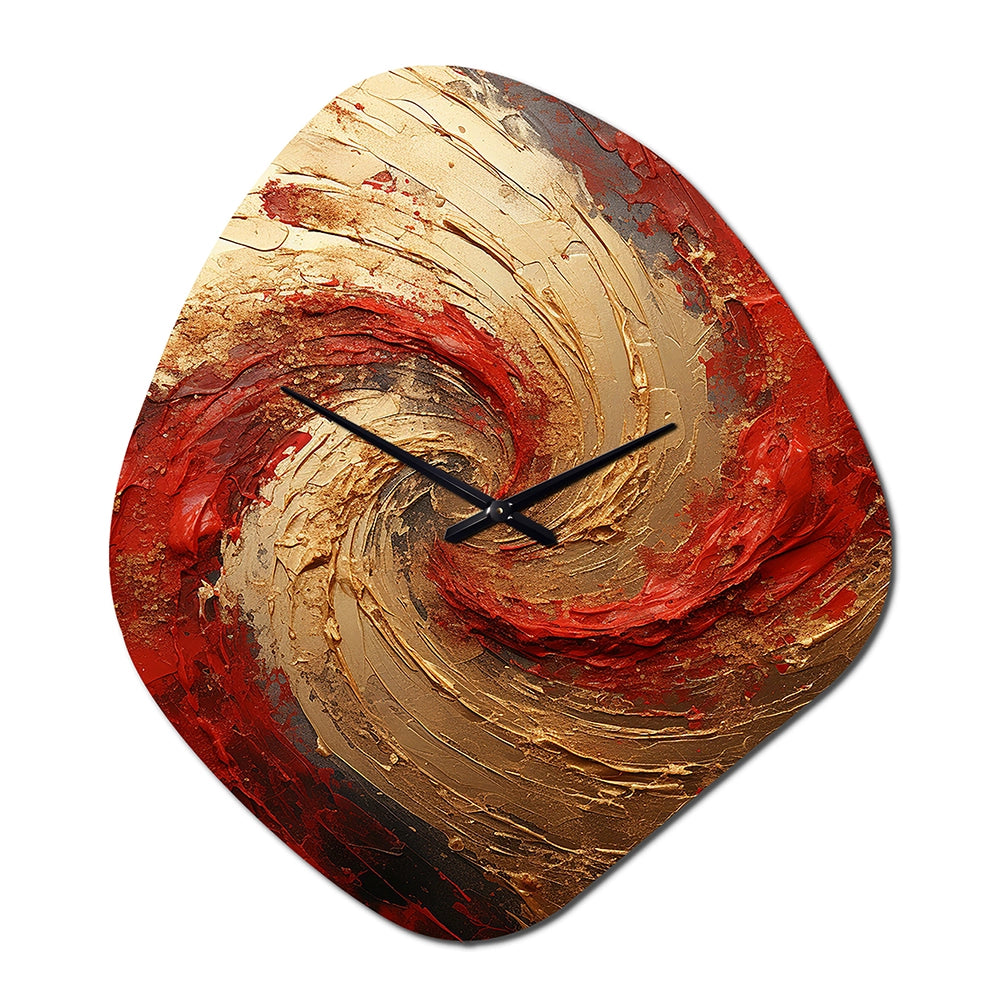 Red Gold Fusion Spiral - Asymmetric Metal Wall Clock