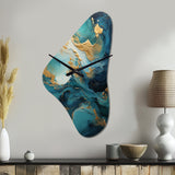 Gold Teal Ocean Spiral II - Asymmetric Metal Wall Clock
