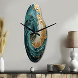 Gold Teal Ocean Spiral V - Asymmetric Metal Wall Clock