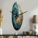 Gold Teal Ocean Spiral V - Asymmetric Metal Wall Clock