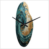 Gold Teal Ocean Spiral V - Asymmetric Metal Wall Clock
