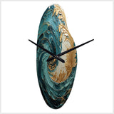 Gold Teal Ocean Spiral V - Asymmetric Metal Wall Clock